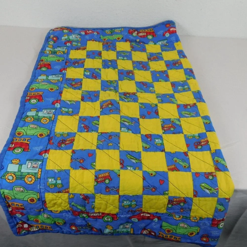 Quilt Baby Crib Blanket Trains Cars Airplanes Trucks Blue Yellow 36